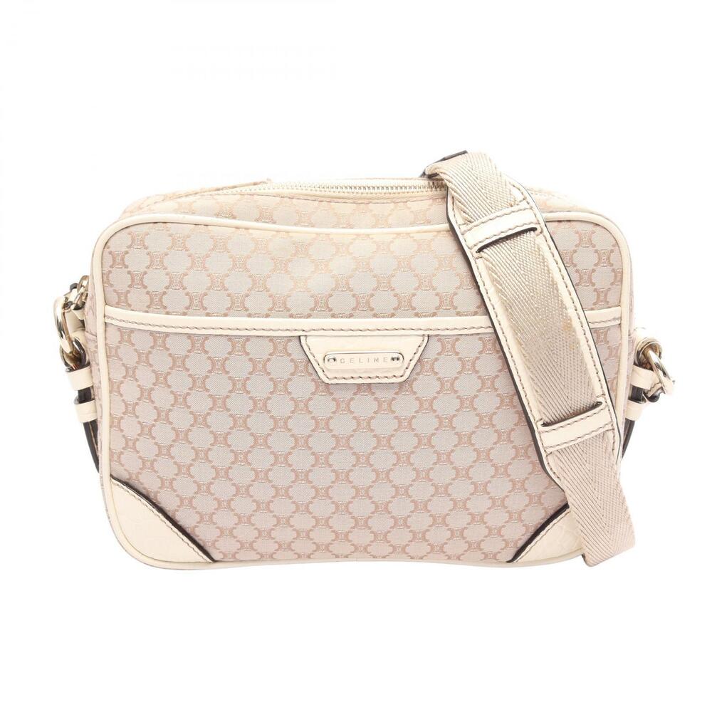 Celine Macadam Shoulder Bag Canvas Leather Beige Ivory Tan White